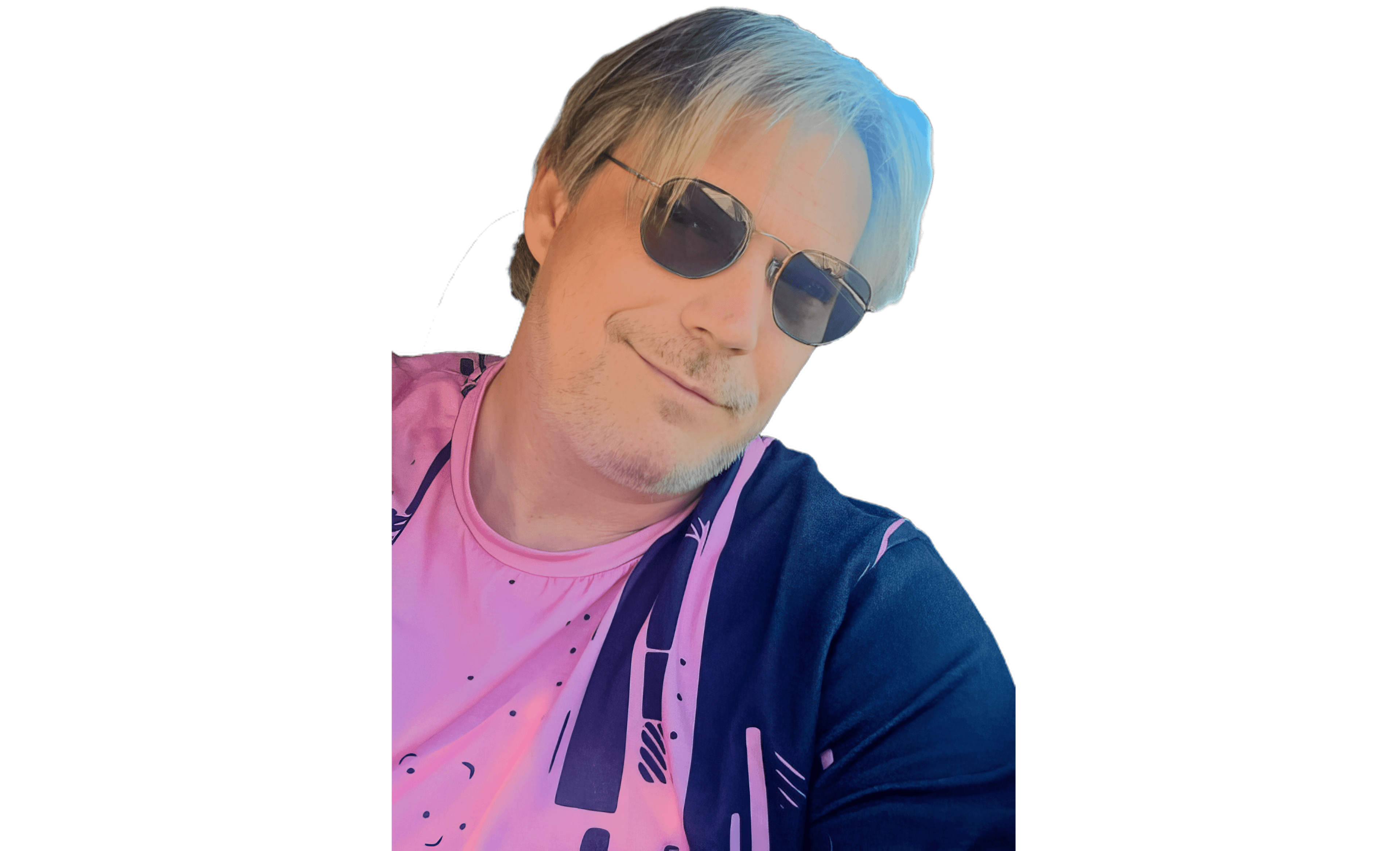 Blonde man in sunglasses and a pink patterned shirt smiling against a solid black background.