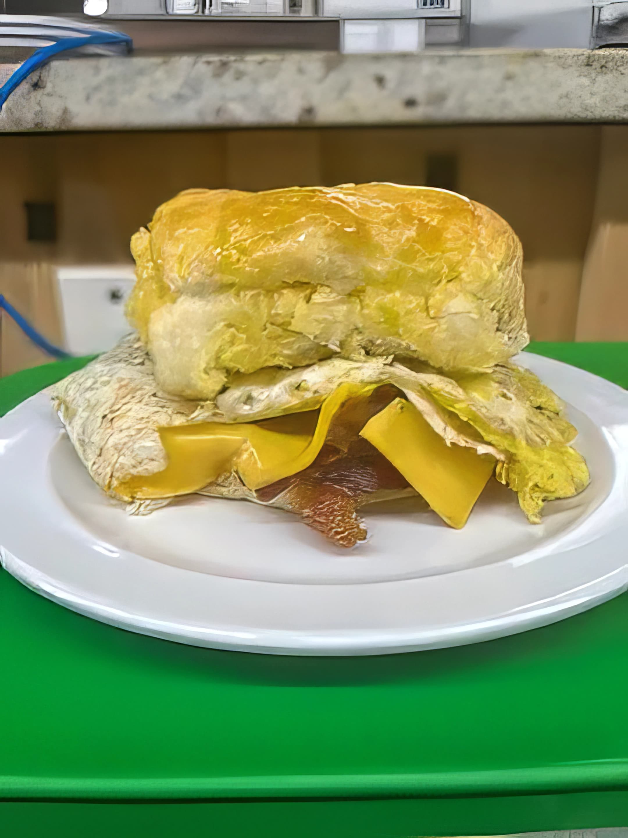 Melted cheese and ham sandwich on a thick yellow bun, served on a white plate.